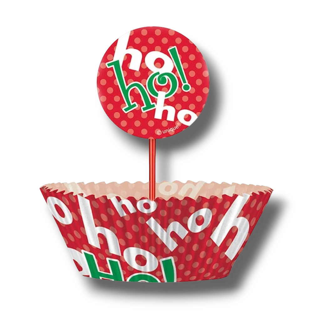 Kit de cupcakes PartyStore con diseño navideño rojo y blanco, incluye capacillos y toppers con texto Ho Ho Ho