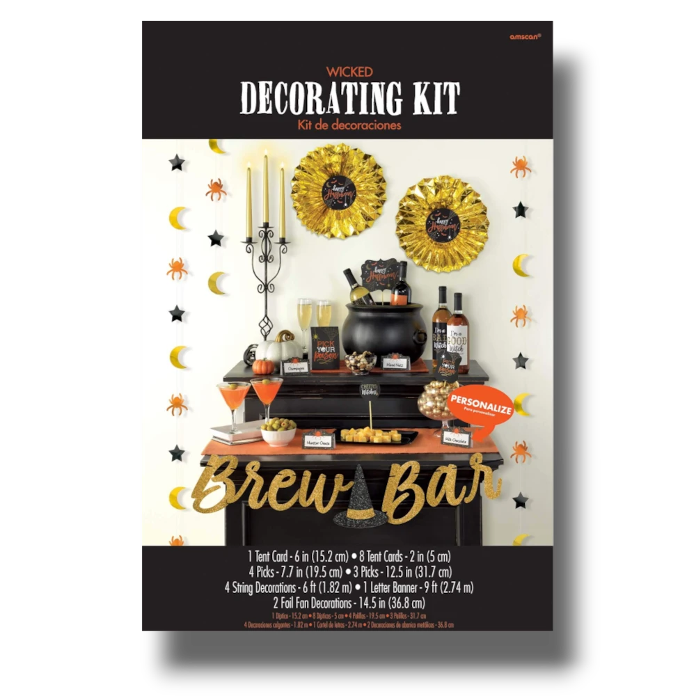Kit decorativo de Halloween PartyStore con abanicos dorados, guirnalda Brew Bar y accesorios para mesa de bar