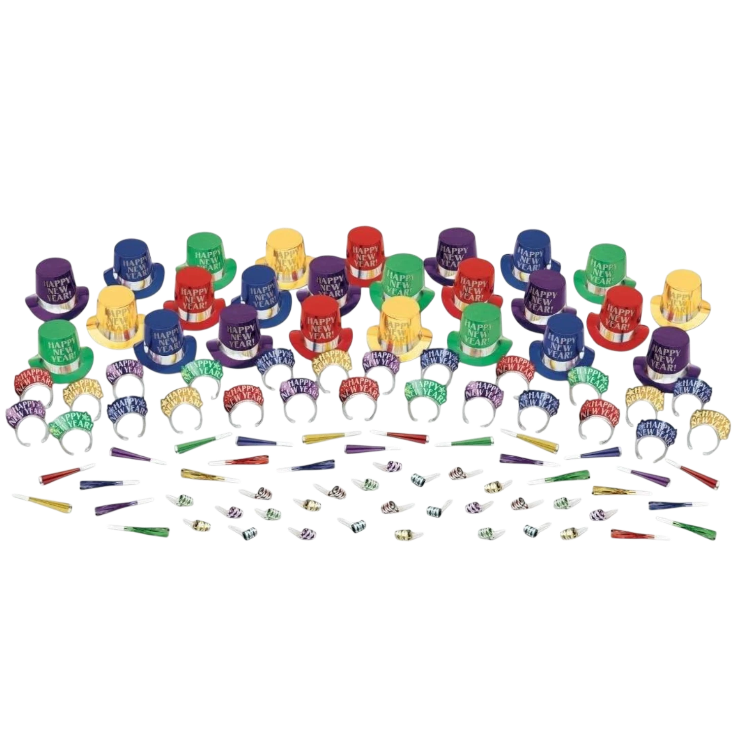 Kit de fiesta PartyStore para Año Nuevo con sombreros, diademas y matracas multicolor para 50 personas