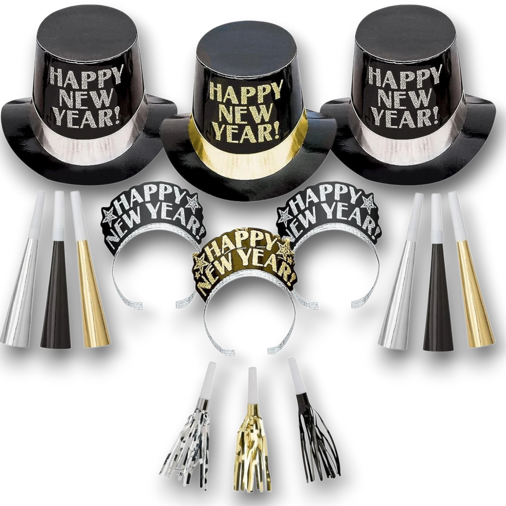 Kit de fiesta PartyStore para Año Nuevo con sombreros de copa, diademas y matracas en negro, dorado y plateado.