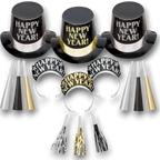 Kit de fiesta PartyStore para Año Nuevo con sombreros de copa, diademas y matracas en negro, dorado y plateado.