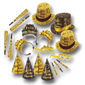 Kit de fiesta PartyStore para Año Nuevo con sombreros, diademas, gafas y cornetas en color negro y dorado