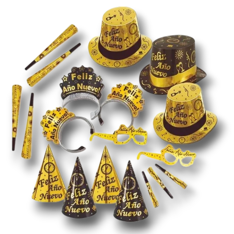 Kit de fiesta PartyStore para Año Nuevo con sombreros, diademas, gafas y cornetas en color negro y dorado