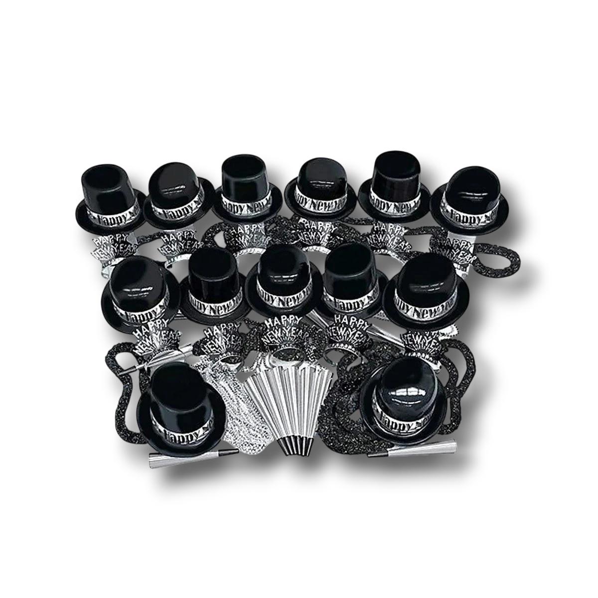 Kit de fiesta PartyStore para Año Nuevo con sombreros de copa negros, collares plateados y matracas para 100 personas