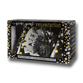 Kit de fiesta PartyStore para Año Nuevo con 24 piezas en caja negra decorada con confeti dorado y plateado