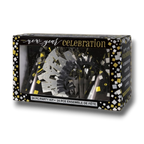 Kit de fiesta PartyStore para Año Nuevo con 24 piezas en caja negra decorada con confeti dorado y plateado