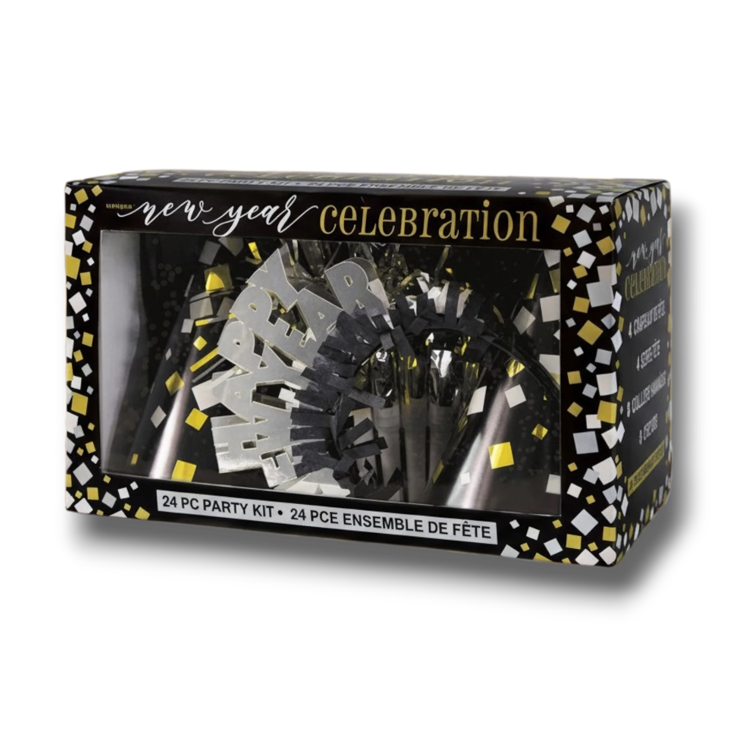 Kit de fiesta PartyStore para Año Nuevo con 24 piezas en caja negra decorada con confeti dorado y plateado