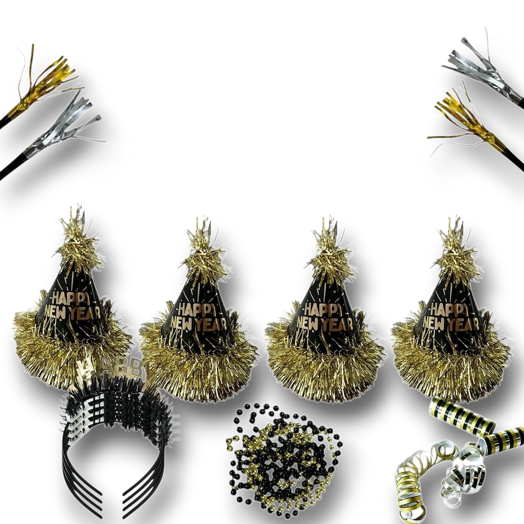 Kit de fiesta PartyStore para Año Nuevo con sombreros negros y dorados, diademas, collares de cuentas y matracas