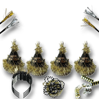Kit de fiesta PartyStore para Año Nuevo con sombreros negros y dorados, diademas, collares de cuentas y matracas