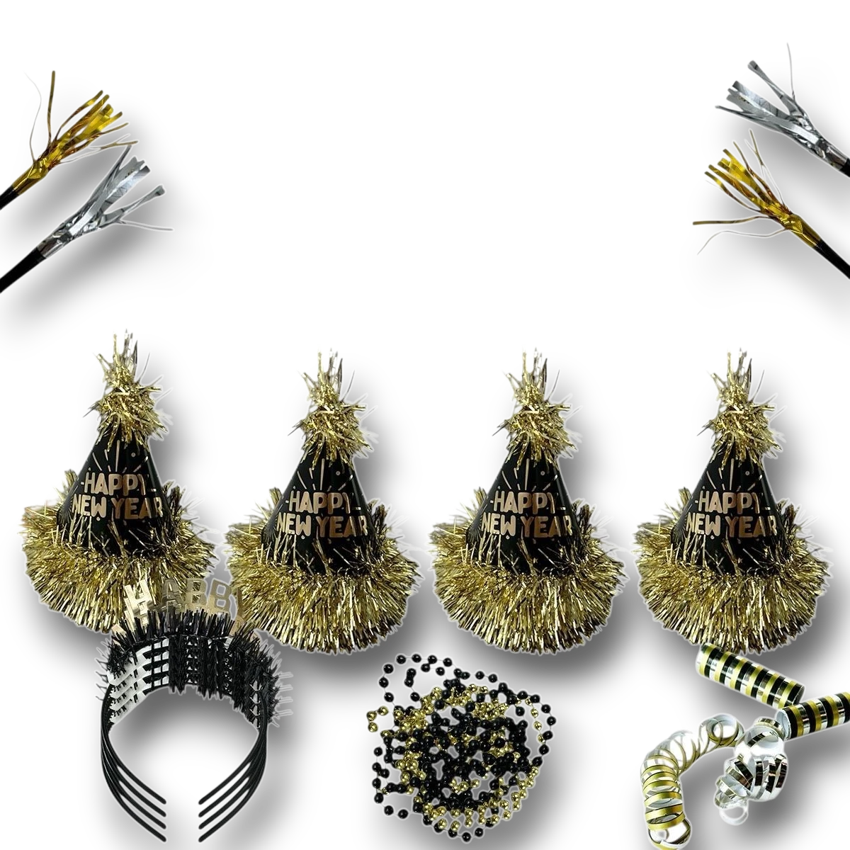 Kit de fiesta PartyStore para Año Nuevo con sombreros negros y dorados, diademas, collares de cuentas y matracas