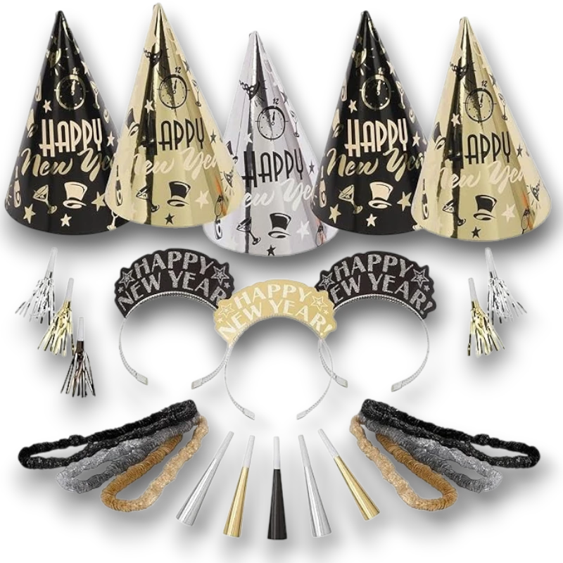 Kit de fiesta PartyStore para 10 personas con sombreros, diademas y matracas en tonos negro, dorado y plateado