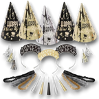 Kit de fiesta PartyStore para 10 personas con sombreros, diademas y matracas en tonos negro, dorado y plateado