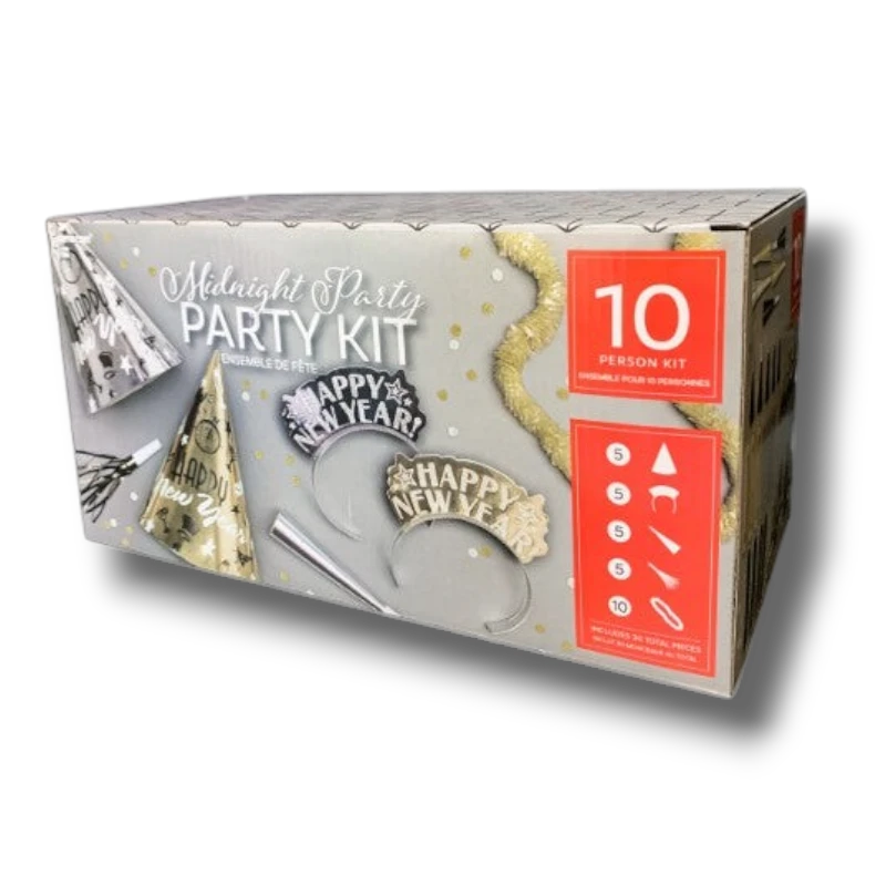 Kit de fiesta PartyStore Midnight para 10 personas con sombreros, diademas y matracas en tonos dorados y plateados