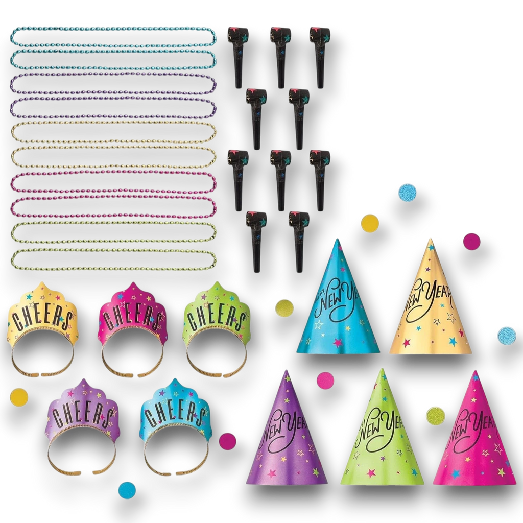 Kit de fiesta PartyStore Starlight con collares de cuentas, matracas, diademas Cheers y gorros de Año Nuevo coloridos