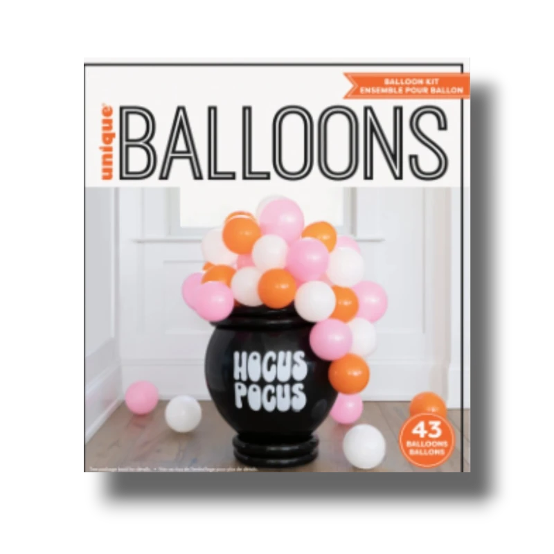 Kit de globos PartyStore Hocus Pocus con caldero negro y globos de látex en tonos naranja, rosa y blanco