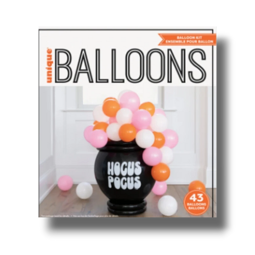Kit de globos PartyStore Hocus Pocus con caldero negro y globos de látex en tonos naranja, rosa y blanco