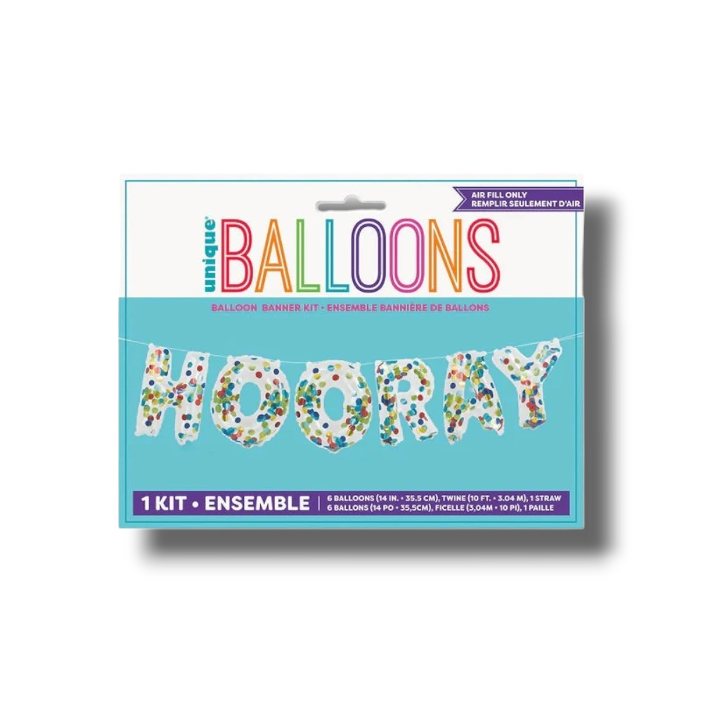 Kit de globos PartyStore con letras HOORAY transparentes rellenas de confeti multicolor para celebraciones