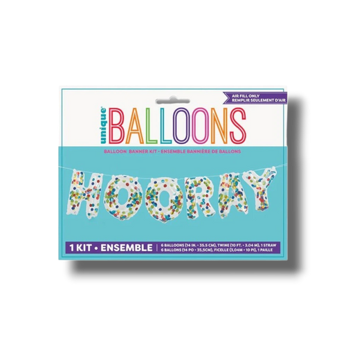 Kit de globos PartyStore con letras HOORAY transparentes rellenas de confeti multicolor para celebraciones