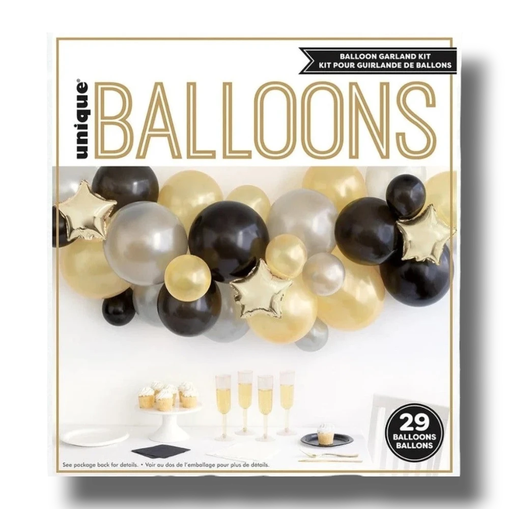 Kit de guirnalda de globos PartyStore en negro, dorado y plateado con globos de estrella para decoración de Año Nuevo