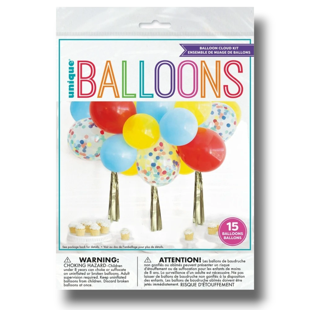 Kit de PartyStore para nube de globos coloridos con confeti y flecos dorados para decoraciones de fiesta