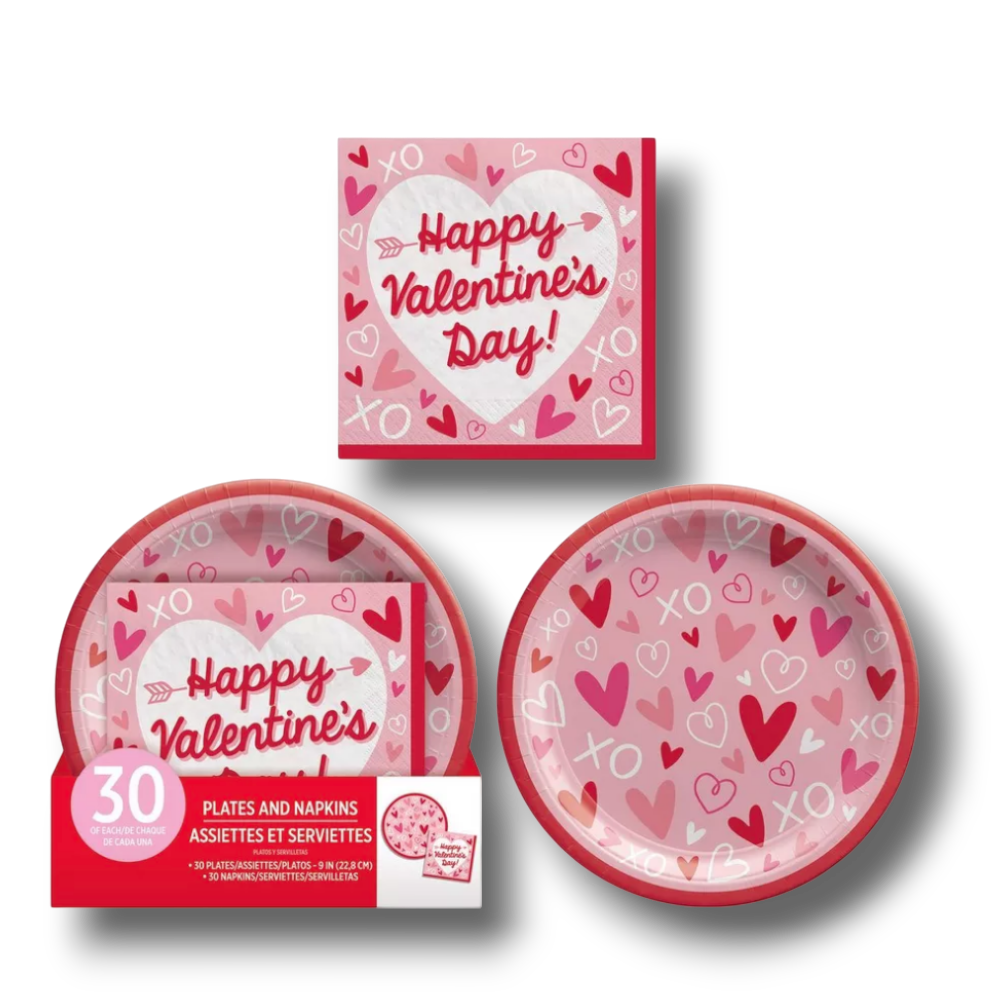 Kit de vajilla PartyStore para San Valentín con platos y servilletas decorados con corazones rojos y rosas