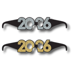 Lentes PartyStore con diseño 2026 en acabado brillante plateado y dorado para fiestas de Año Nuevo