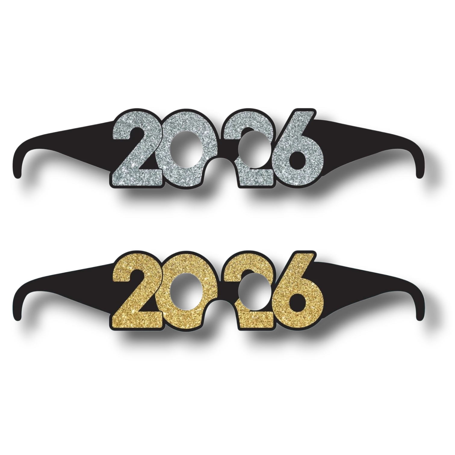 Lentes PartyStore con diseño 2026 en acabado brillante plateado y dorado para fiestas de Año Nuevo