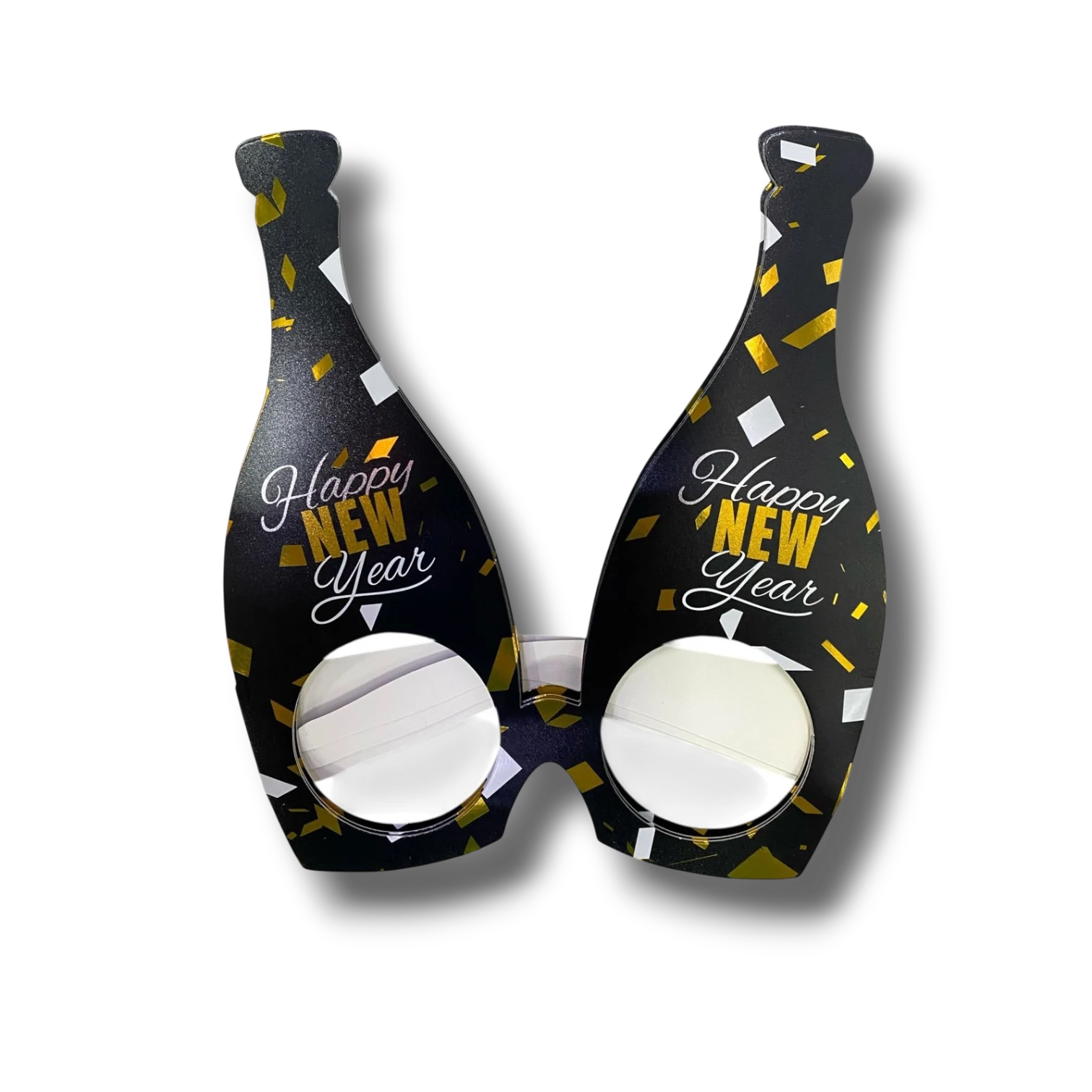 Lentes de cartón PartyStore con forma de botella de champán, diseño negro con confeti dorado y texto Happy New Year