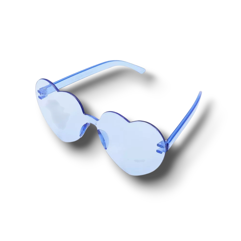 Gafas de sol PartyStore con forma de corazón en color azul traslúcido, estilo divertido para fiestas y eventos.