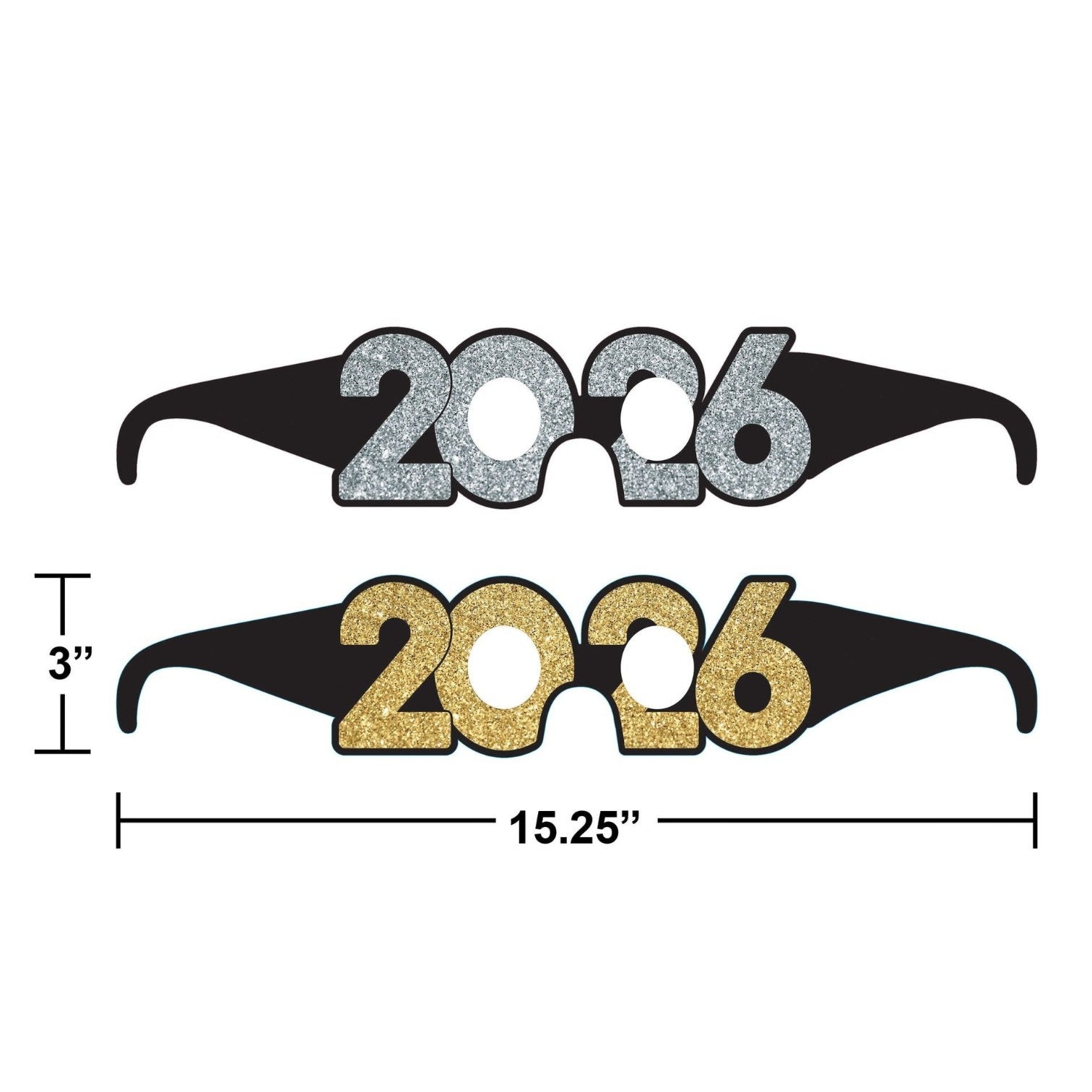 Lentes de fiesta PartyStore con diseño 2026 en acabado brillante plateado y dorado para Año Nuevo