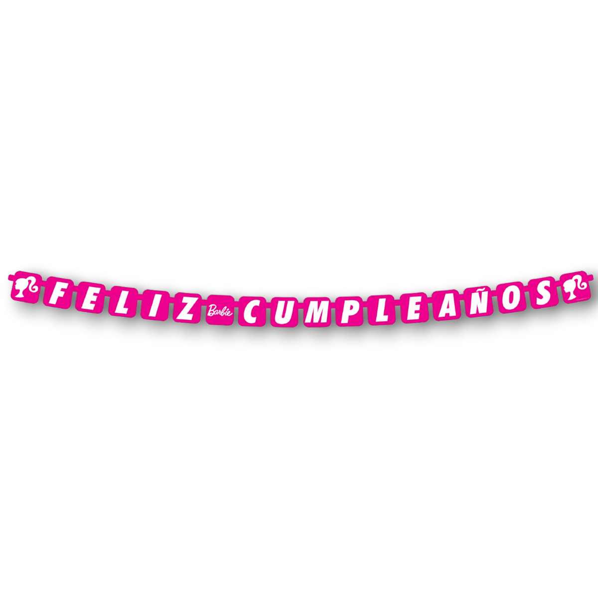 Letrero móvil de Feliz Cumpleaños PartyStore con temática de Barbie en color rosa vibrante y siluetas icónicas