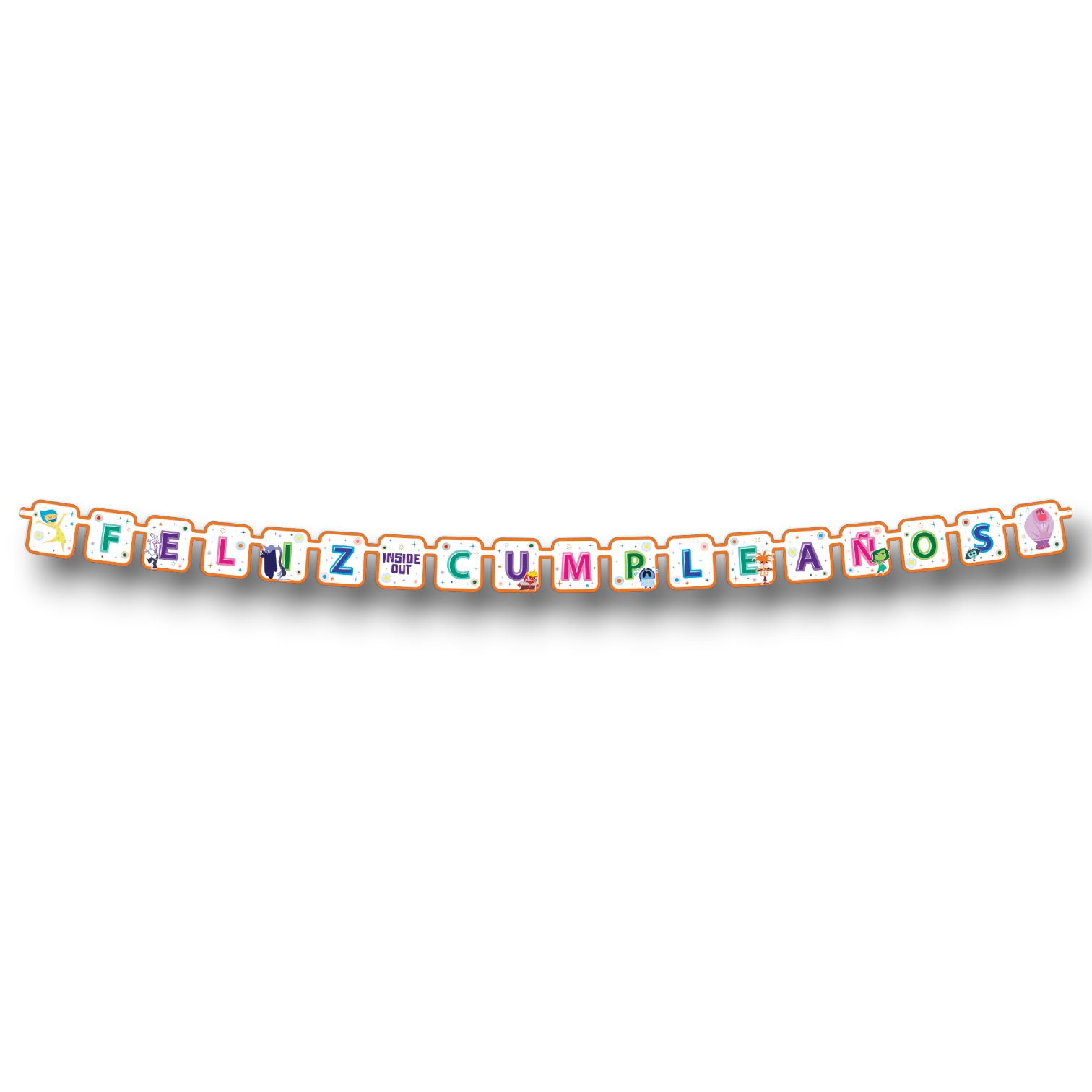 Letrero móvil de Feliz Cumpleaños PartyStore con personajes de Intensamente 2 y letras coloridas