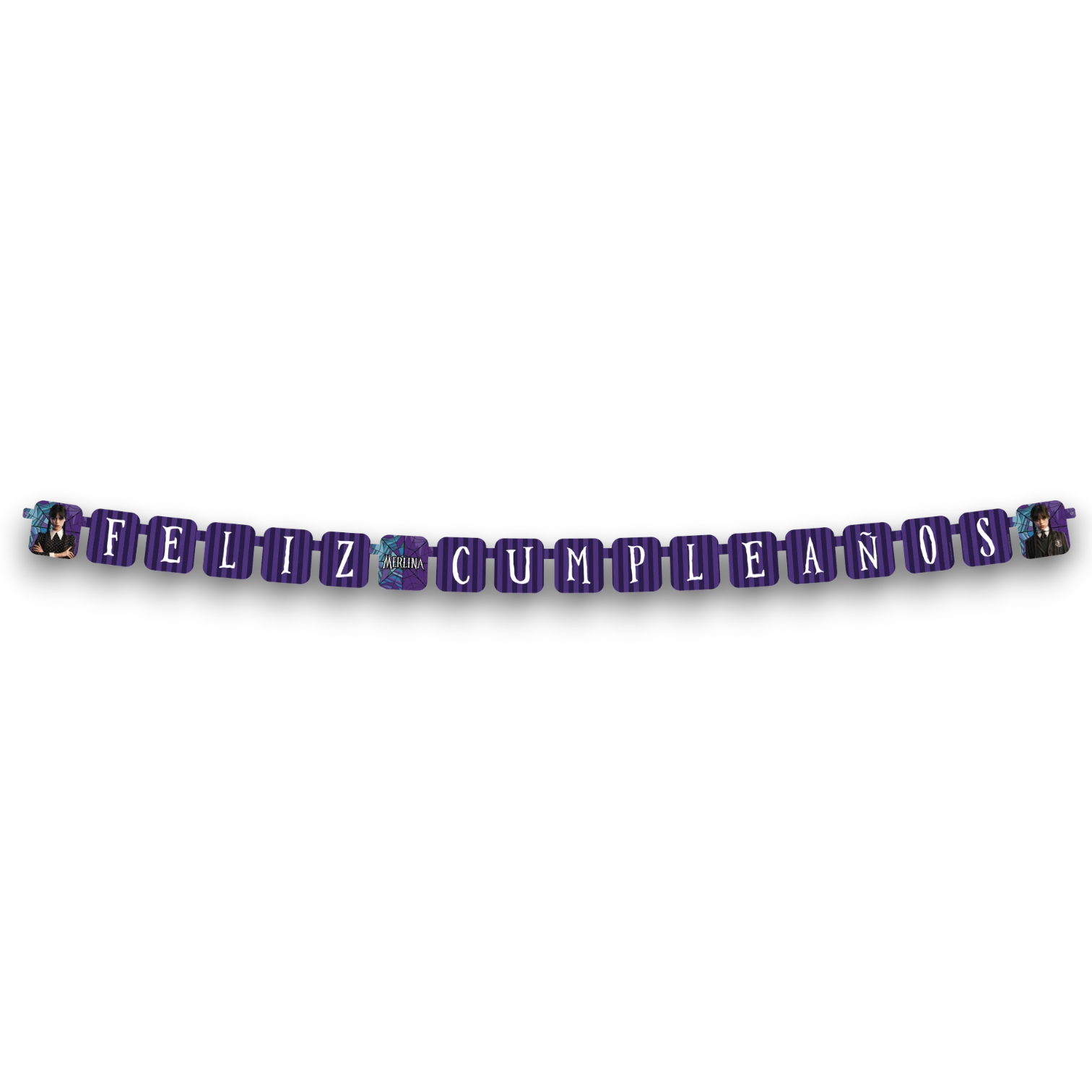 Letrero móvil de Feliz Cumpleaños con temática de Merlina de PartyStore en tonos morado y negro con telarañas