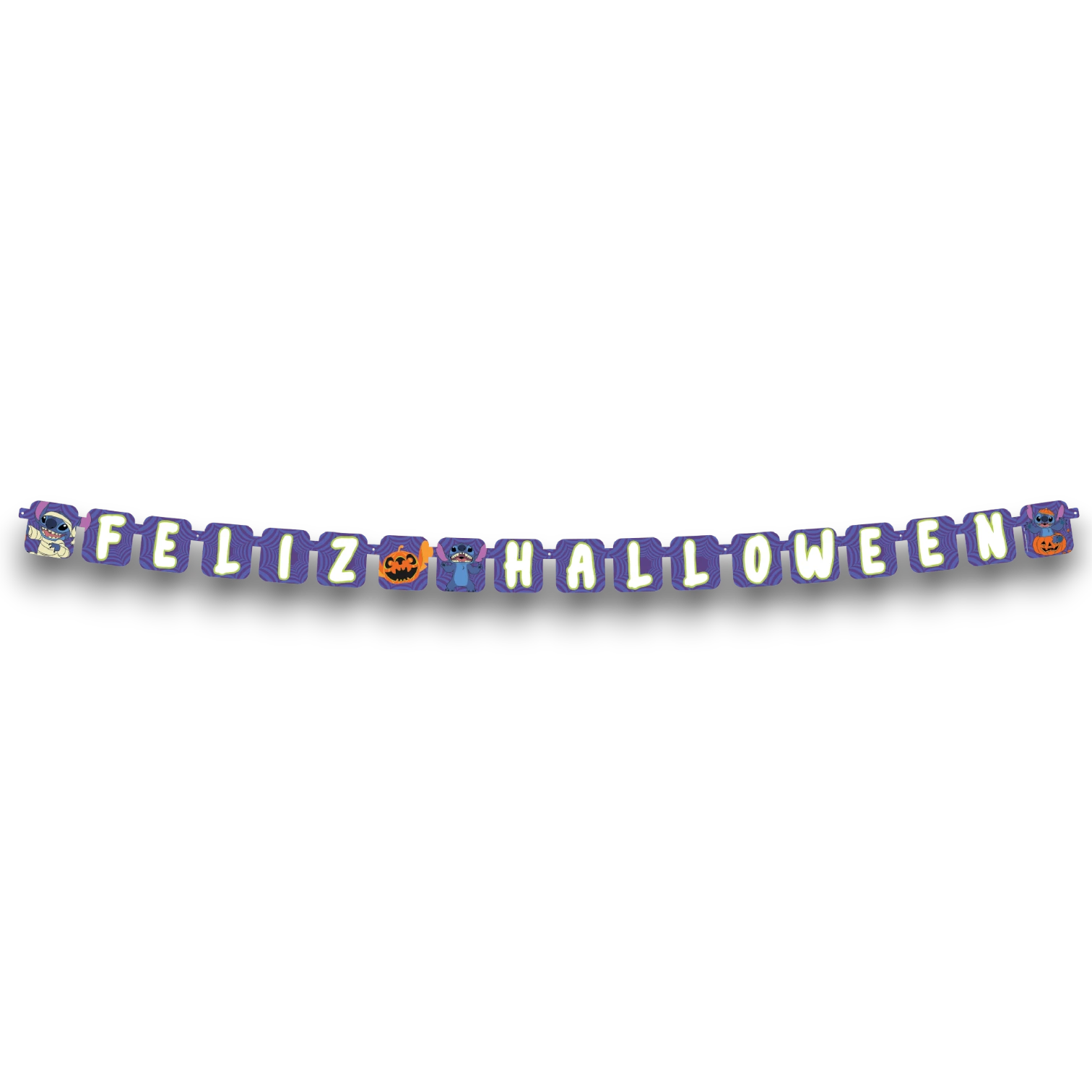 Letrero móvil PartyStore de Stitch para Halloween con letras moradas y naranjas, ideal para decoración temática.