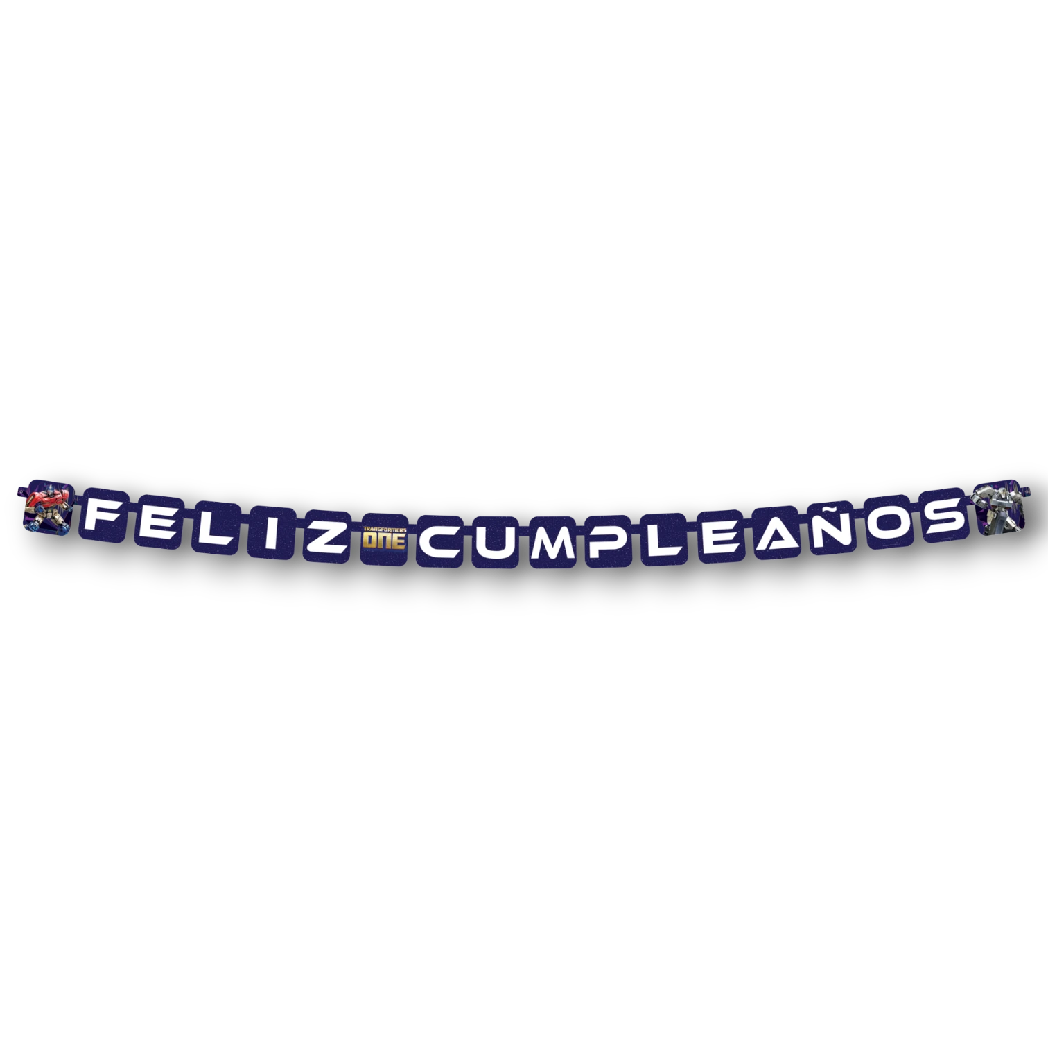 Letrero móvil de feliz cumpleaños con temática de Transformers One de PartyStore, decorado con Optimus Prime
