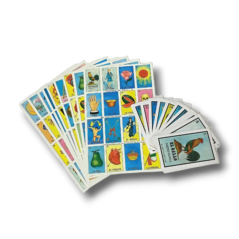 Juego de mesa Loteria Mexicana de PartyStore con cartas coloridas y tableros ilustrados con iconos tradicionales
