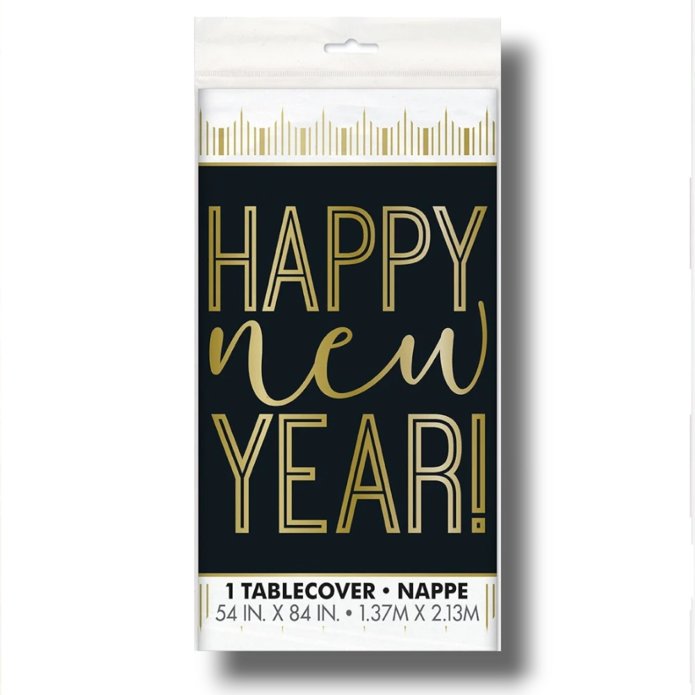 Mantel PartyStore Roaring New Year con letras doradas sobre fondo negro, ideal para celebraciones de fin de año.