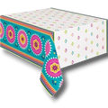 Mantel PartyStore Boho Fiesta con estampado de flores coloridas y cenefa geométrica sobre fondo blanco