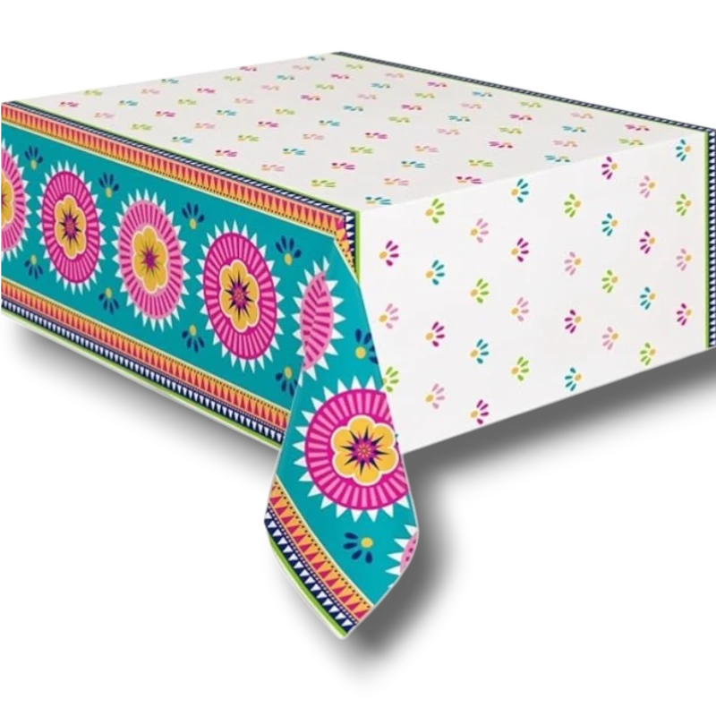 Mantel PartyStore Boho Fiesta con estampado de flores coloridas y cenefa geométrica sobre fondo blanco