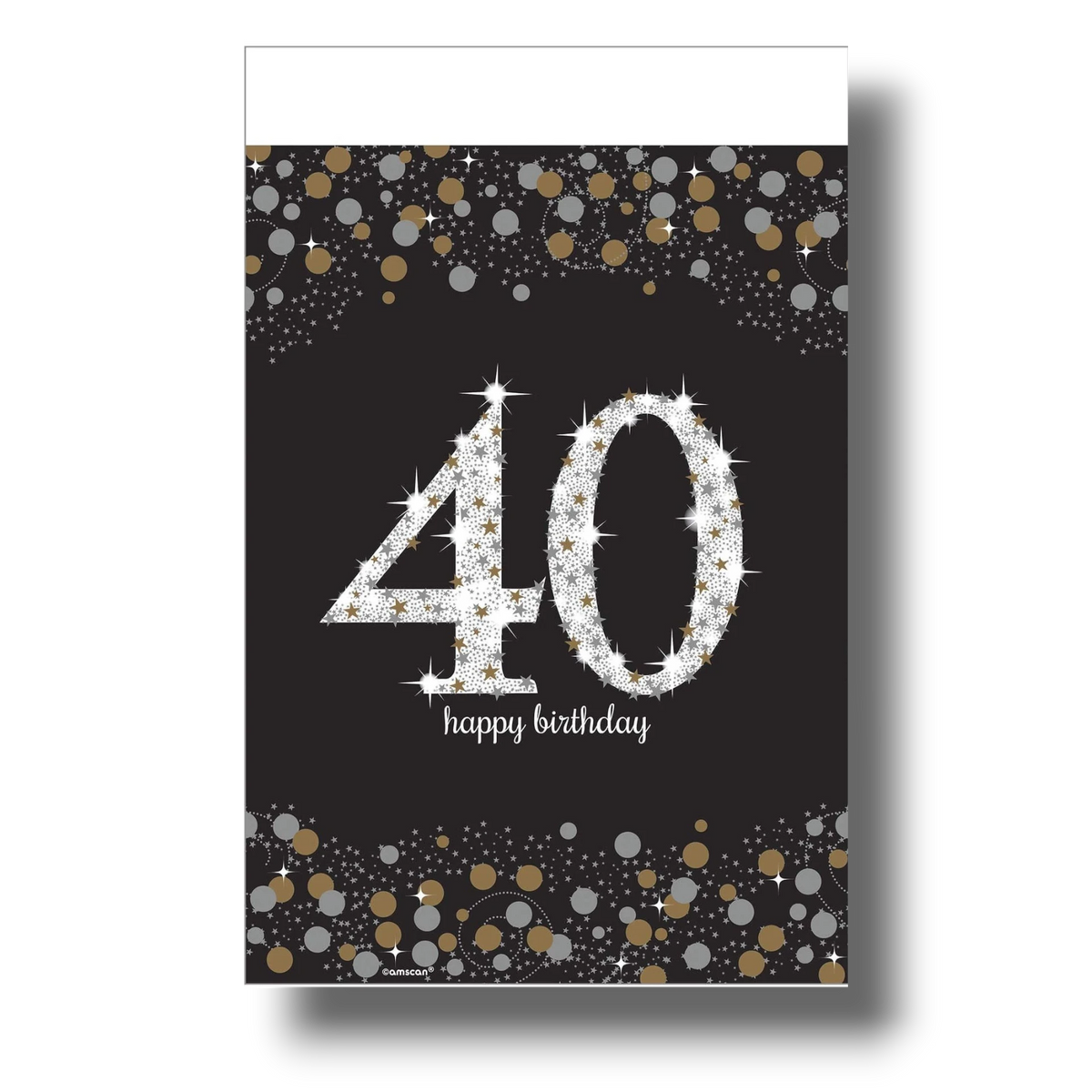 Mantel PartyStore Sparkling Celebration con el numero 40 en plata y detalles de confeti dorado y plateado sobre negro