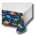 Mantel de mesa PartyStore con estampado colorido de dinosaurios sobre fondo azul marino para fiestas infantiles