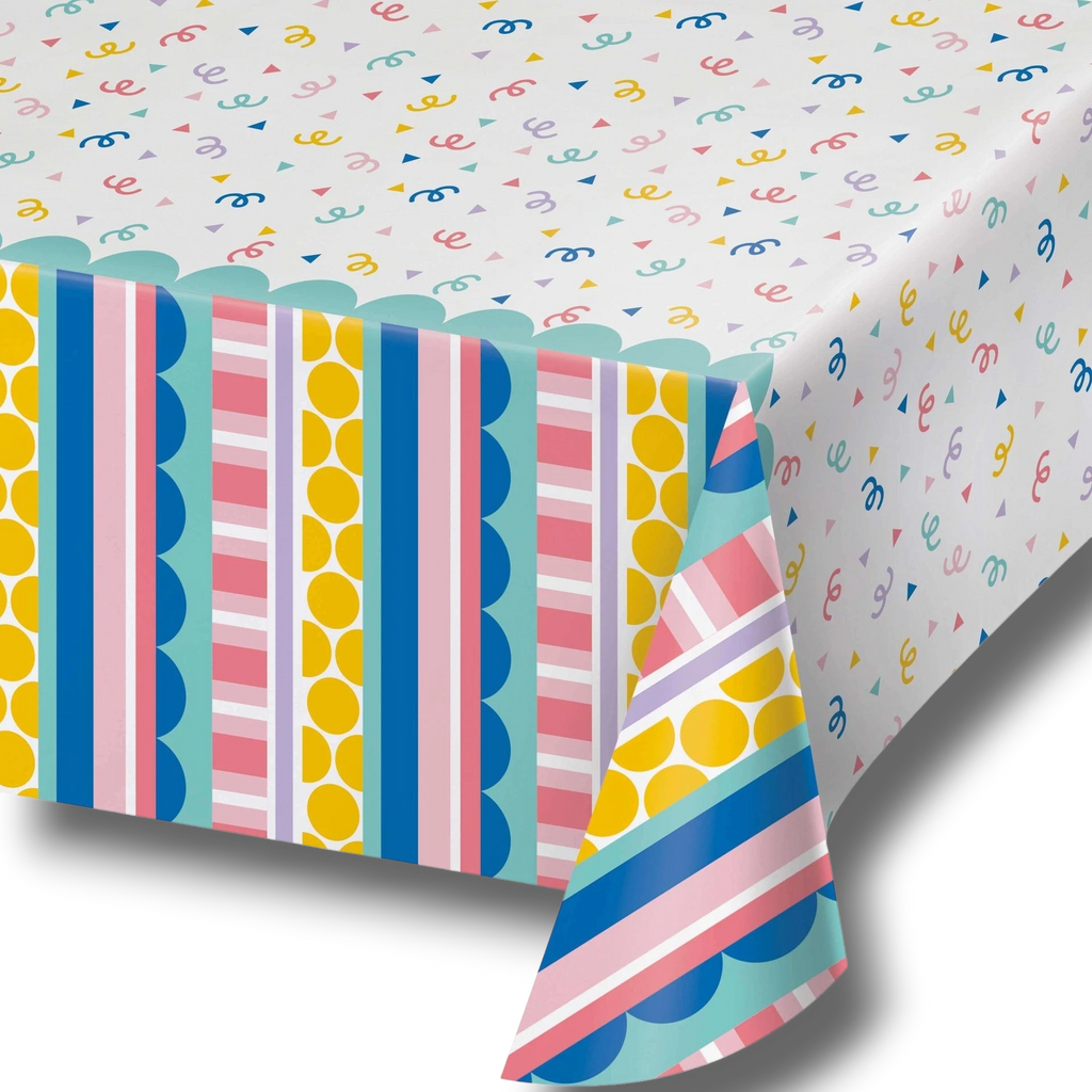 Mantel PartyStore con estampado de confeti y rayas coloridas para celebraciones