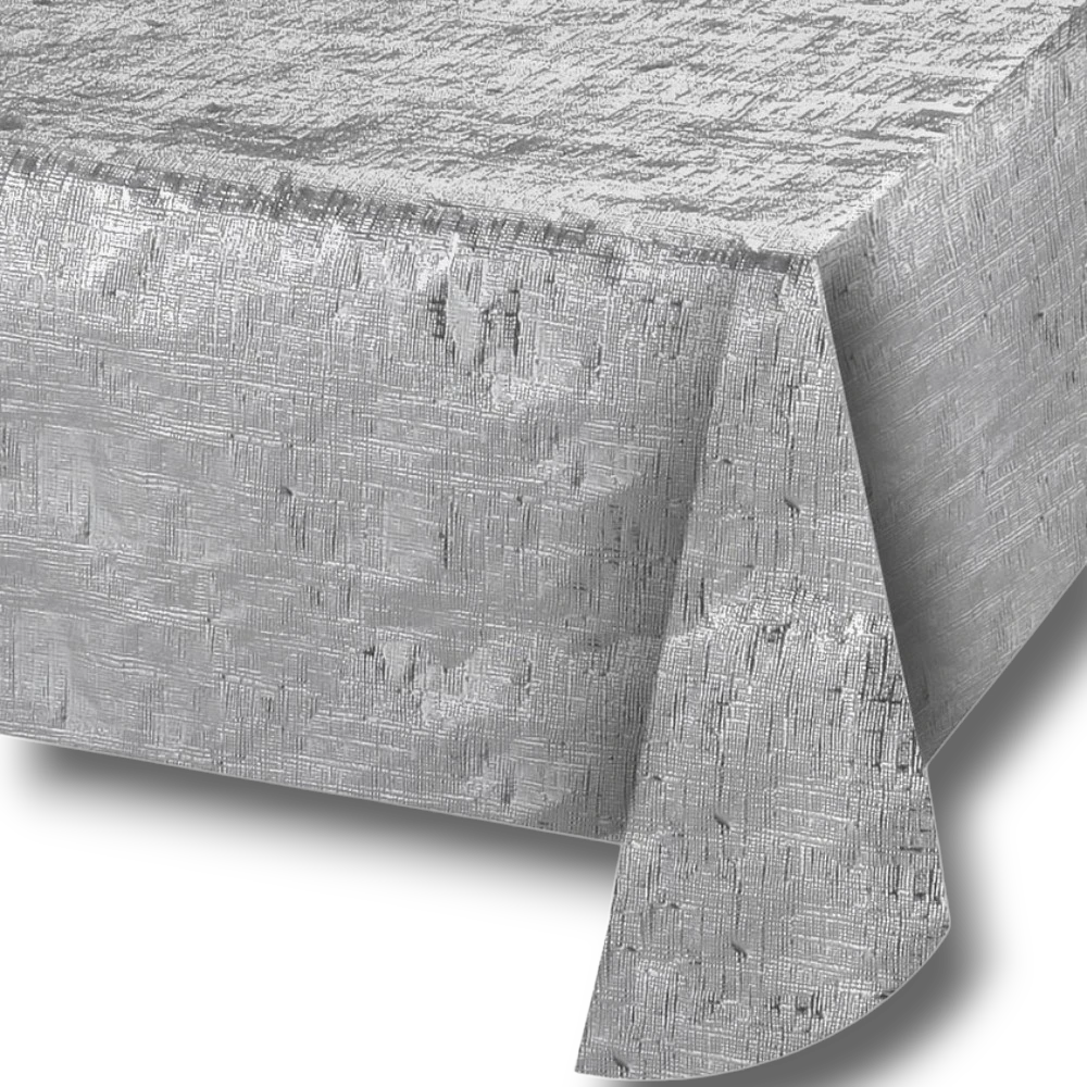 Mantel rectangular PartyStore de color plata con acabado metálico texturizado para decoración de fiestas