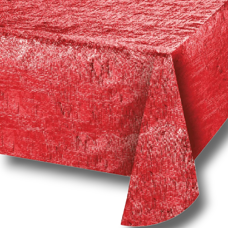 Mantel PartyStore de color rojo con acabado metálico brillante y textura rugosa para decoración de fiestas