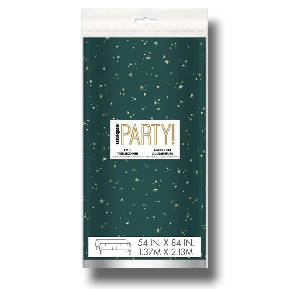 Mantel de Navidad PartyStore verde oscuro con estampado de estrellas doradas brillantes, resistente y reutilizable
