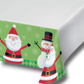 Mantel de Navidad PartyStore con estampado de Papá Noel y muñeco de nieve sobre fondo verde con copos de nieve