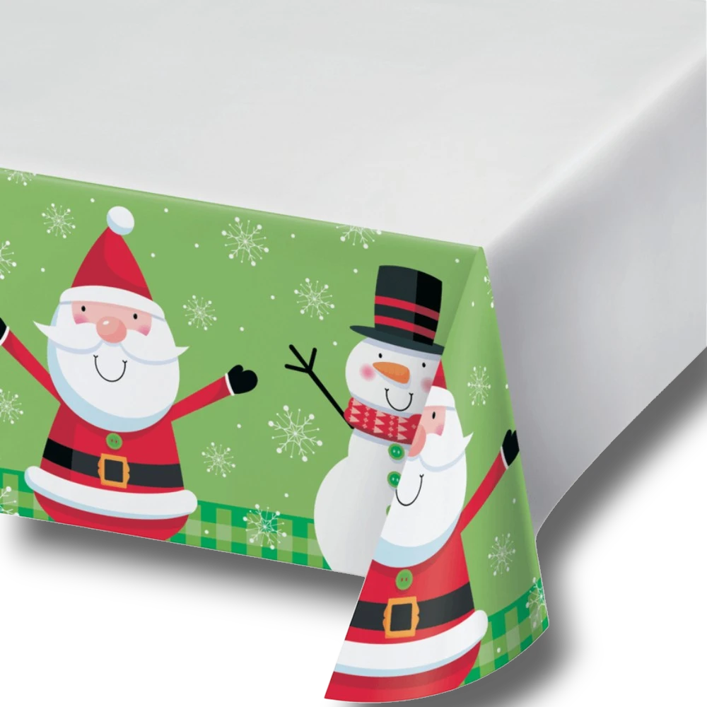 Mantel de Navidad PartyStore con estampado de Papá Noel y muñeco de nieve sobre fondo verde con copos de nieve