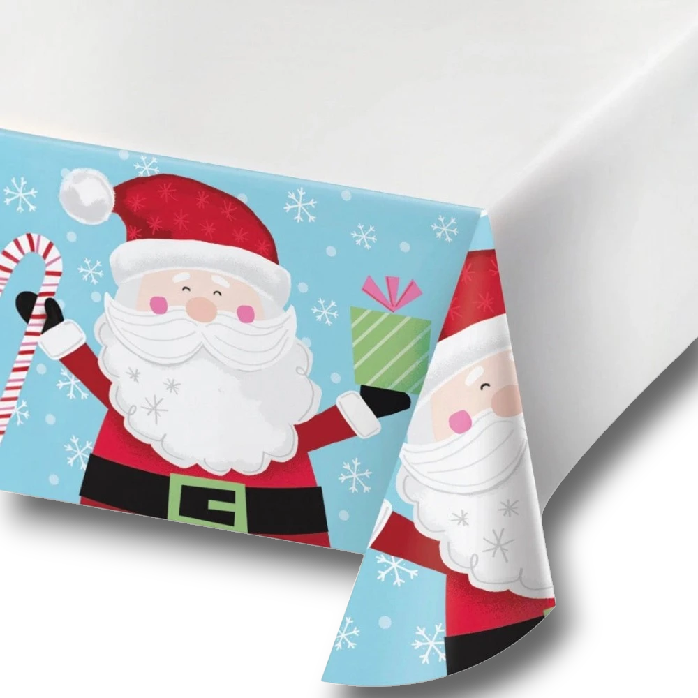 Mantel de mesa PartyStore con diseño navideño de Santa Claus, bastones de caramelo y copos de nieve sobre fondo azul