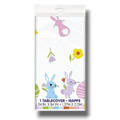 Mantel PartyStore con estampado de conejitos, flores y huevos de Pascua coloridos sobre fondo blanco