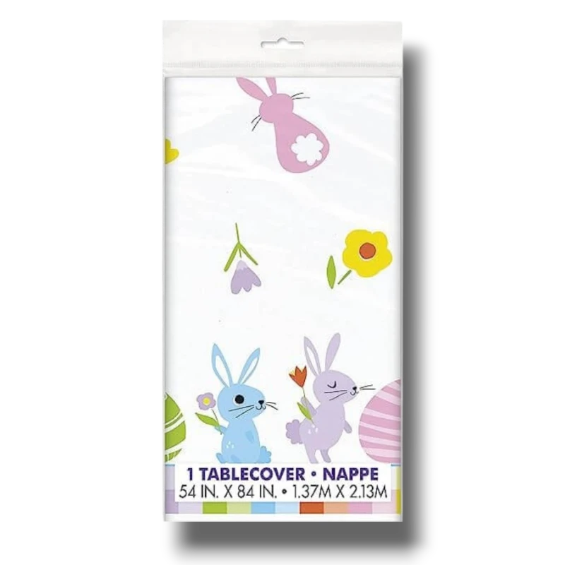 Mantel PartyStore con estampado de conejitos, flores y huevos de Pascua coloridos sobre fondo blanco